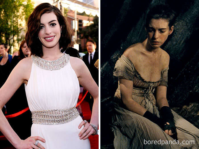 Anne Hathaway prima e durante Les Miserables