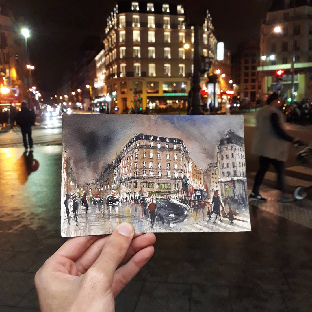 Dipinti ad acquerello degli edifici di Parigi
