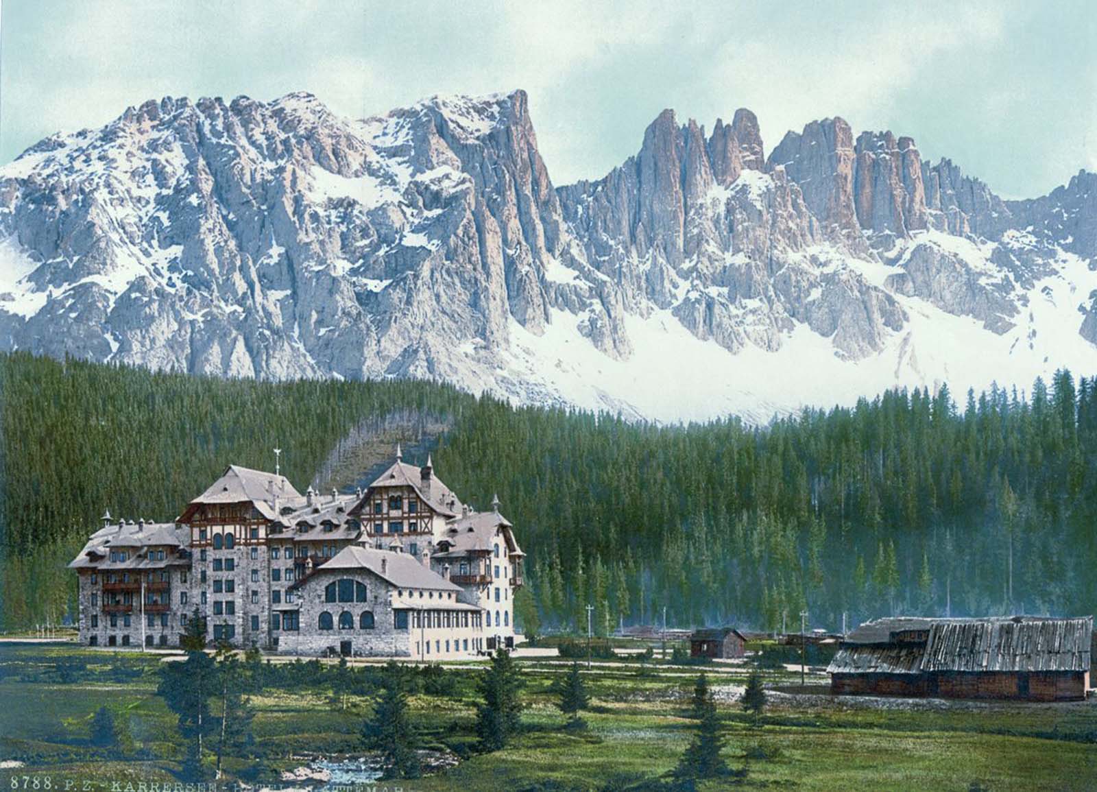 Il lago di Carezza, il suo hotel e il gruppo del Latemar, fotocromia vintage 1890