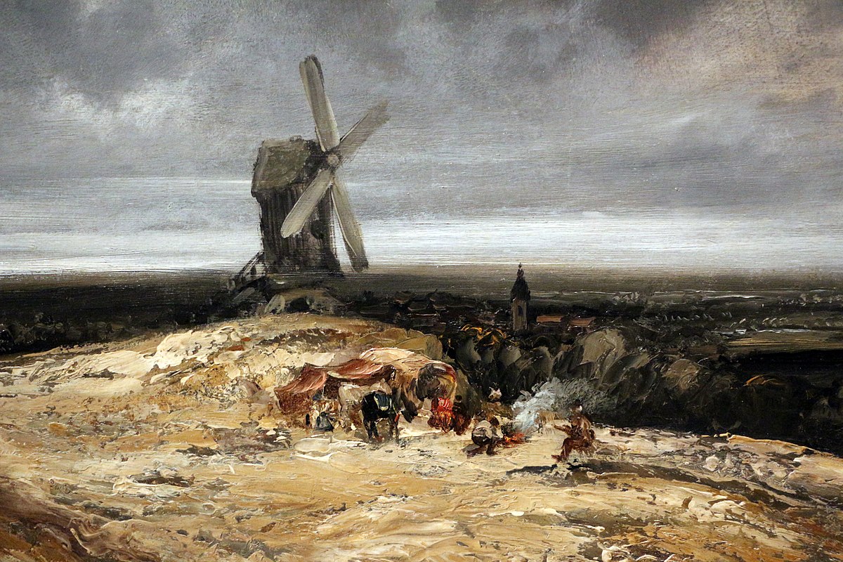 Georges Michel, Paesaggio con mulino e una veduta di Montmartre, 