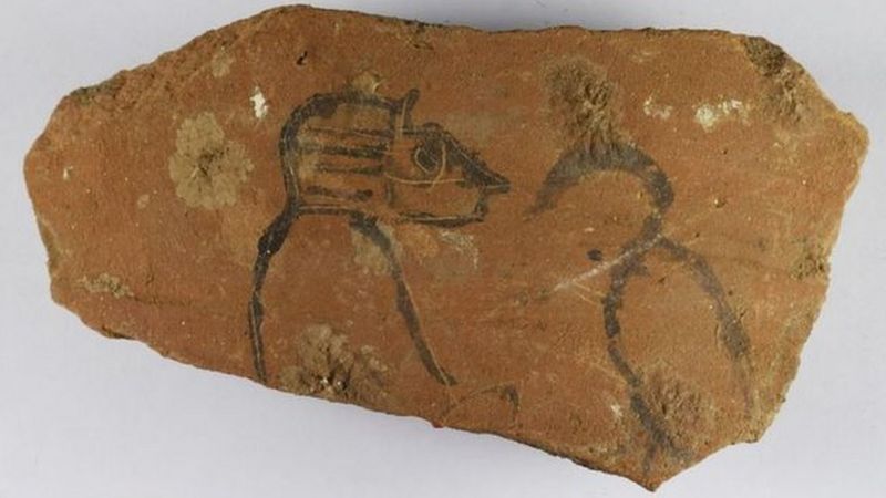 Ostraca pittorica con un babbuino e un ibis, i due animali sacri di Thoth, dio della saggezza