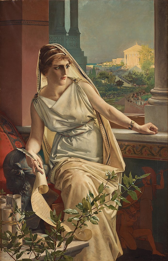 Dipinto di Ipazia, raffigurata come una donna bionda e dagli occhi azzurri. Julius Kronberg (1889)