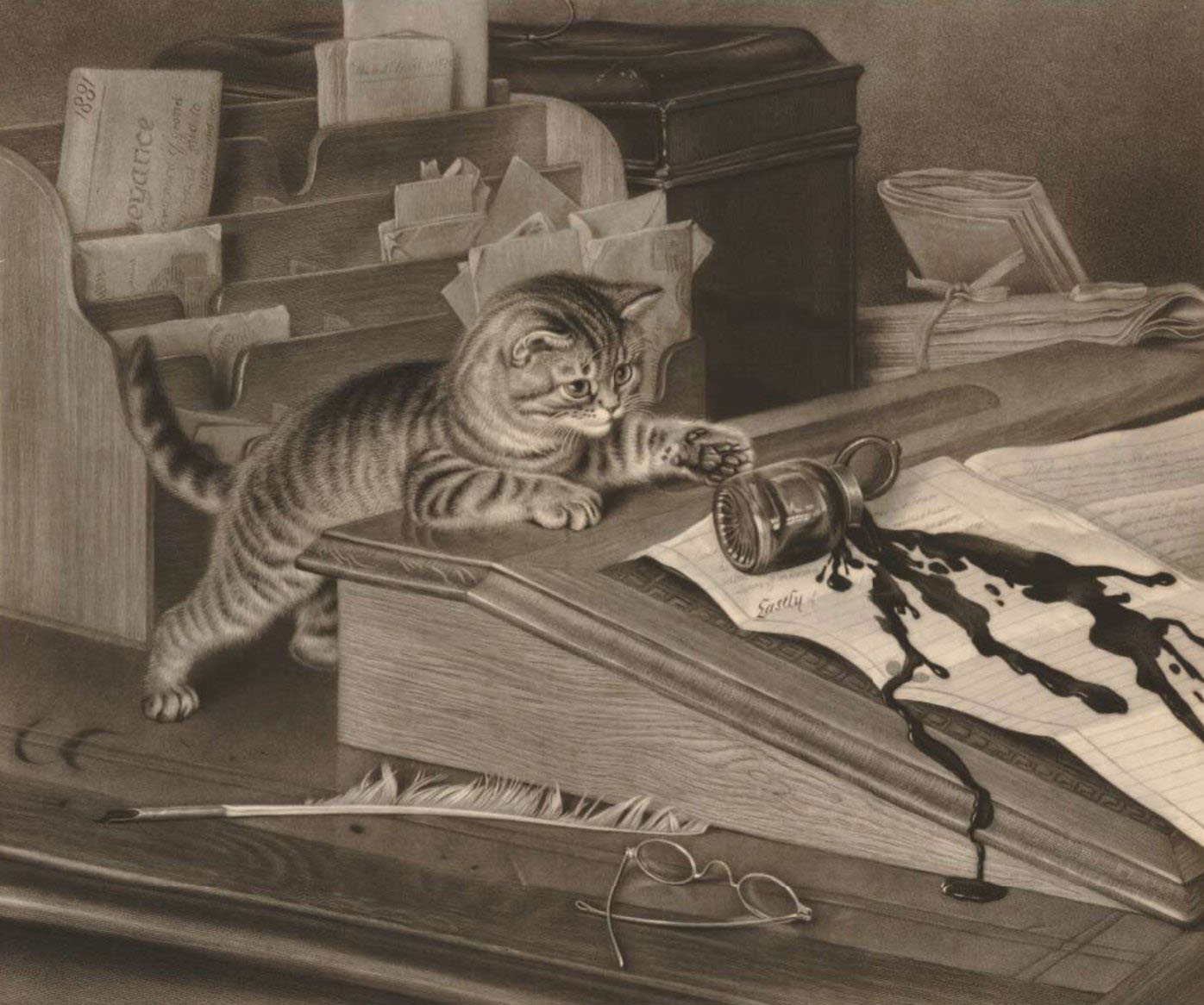 Un gattino soriano che rovescia una bottiglia d'inchiostro su un testamento steso su uno scrittoio a destra, con una penna d'oca, occhiali, atti, casella di posta e cassa sul tavolo
